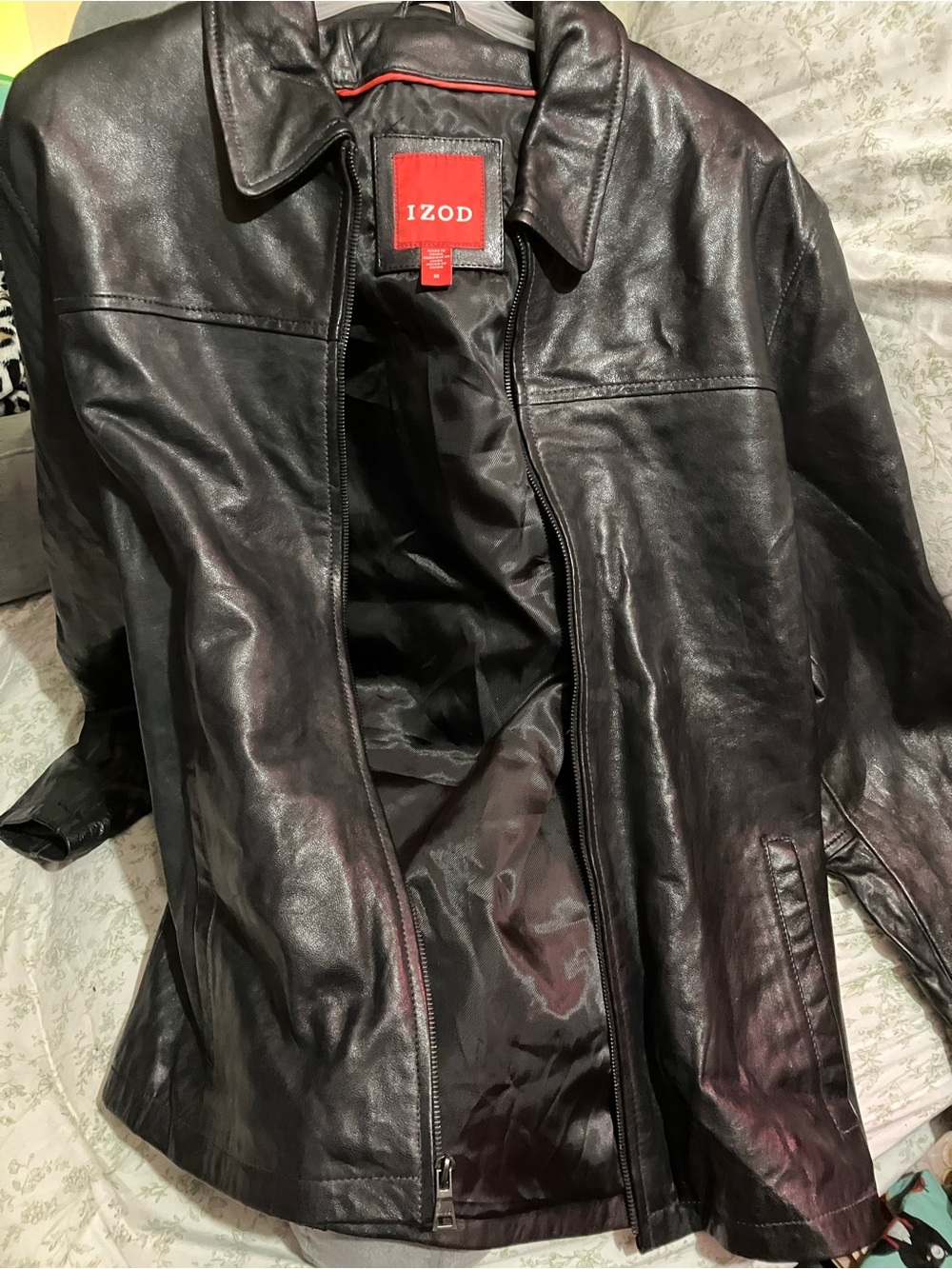 Izod Black Leather Bomber Jacket with Red Trim